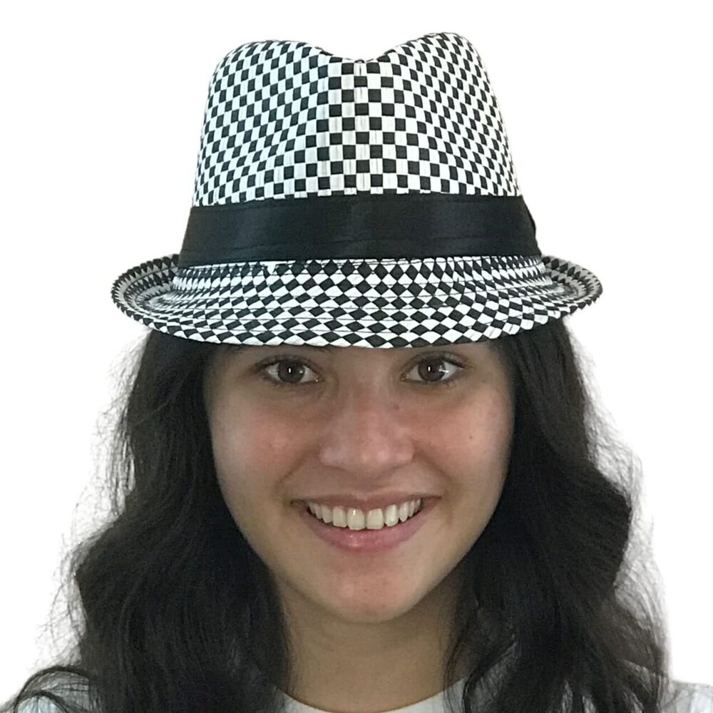 3035 Checkered Fedora Plaid Pattern Trilby Hat Classic Manhattan Hat White